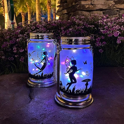 2 Pack Solar Fairy Lantern for Garden Decorations -Gifts for Mom Women Grandma Birthday Outdoor Ornaments Decorations Hanging Lamp Frosted Glass Jar with Stake for Yard Patio Lawn