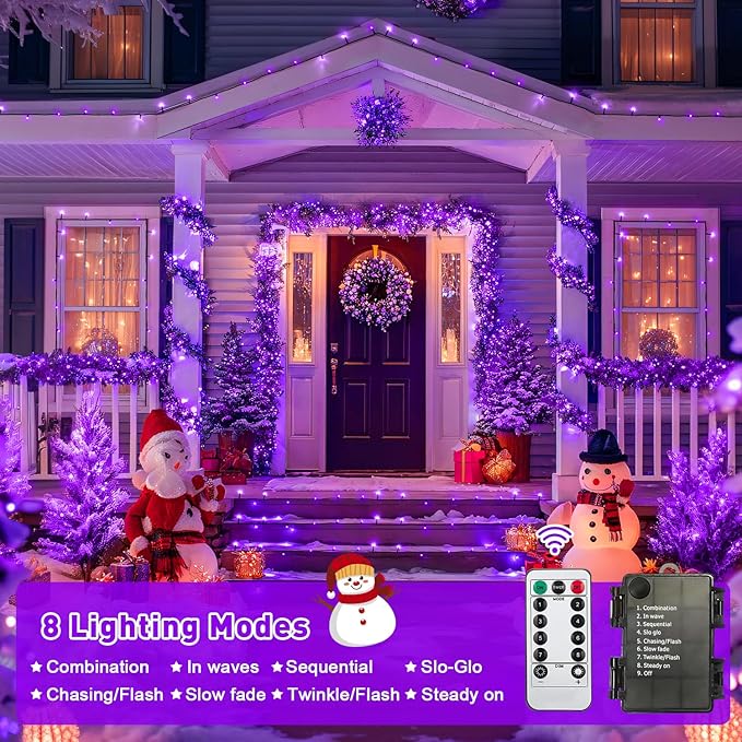 JMEXSUSS Purple Christmas Lights Battery Operated, 2 Pack 100 LED Outdoor Purple String Lights Waterproof, Each 33 FT Christmas Tree Light Indoor for Halloween Decorations Party Porch Garden Decor