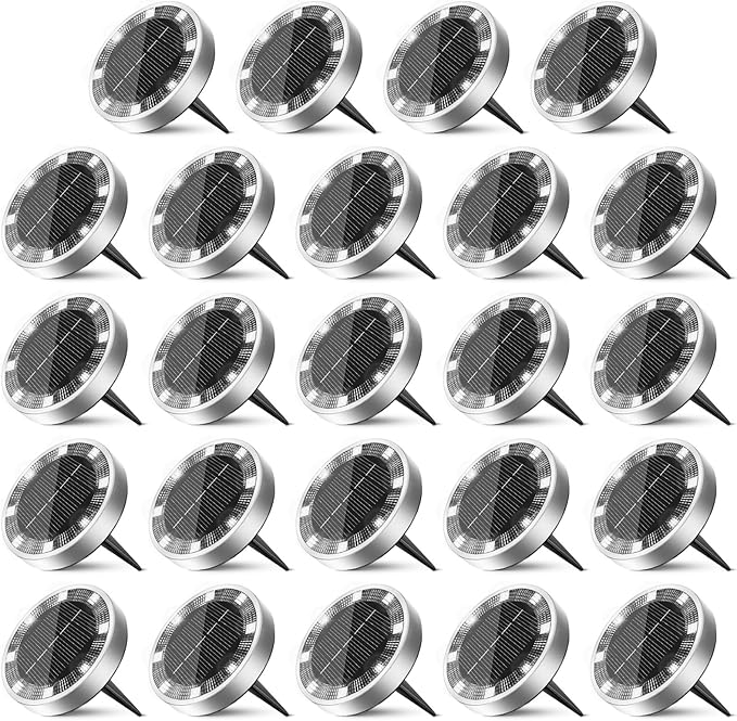 24 Pack Solar Ground Lights Outdoor, 8 LED Mini Flat Solar Disk Lights, IP65 Waterproof Anti-Rust Disc Light, Landscape Lighting for Garden Pathway Yard Walkway Driveway Lawn,Cool White
