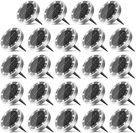 24 Pack Solar Ground Lights Outdoor, 8 LED Mini Flat Solar Disk Lights, IP65 Waterproof Anti-Rust Disc Light, Landscape Lighting for Garden Pathway Yard Walkway Driveway Lawn,Cool White
