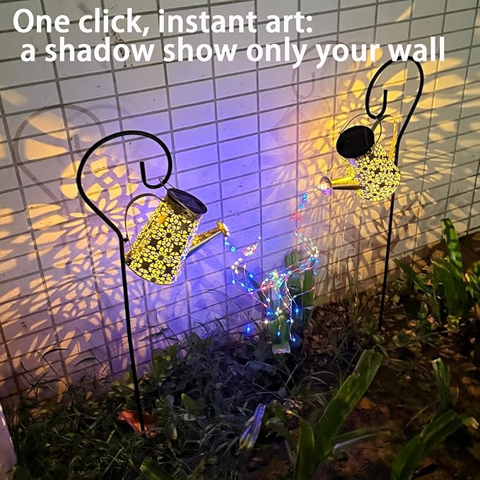 2 Pack Solar Watering Can Lights with Shepherd Hook,Solar Powered Watering Can Light Waterproof Outdoor Garden Hanging Decoration,8 Multi-Color Changing Modes(Multicolour).