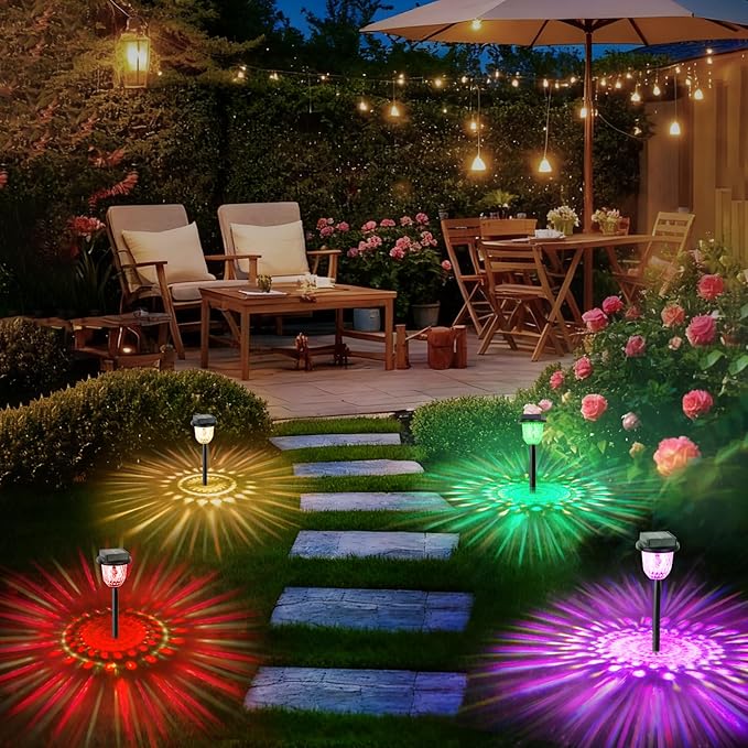 echosari 2 Pack Color Changing Solar Pathway Lights, Dynamic Pattern Multicolor & Warm White Solar Lights Outdoor Waterproof Garden Lights for Landscape Path Driveway Walkway Lawn