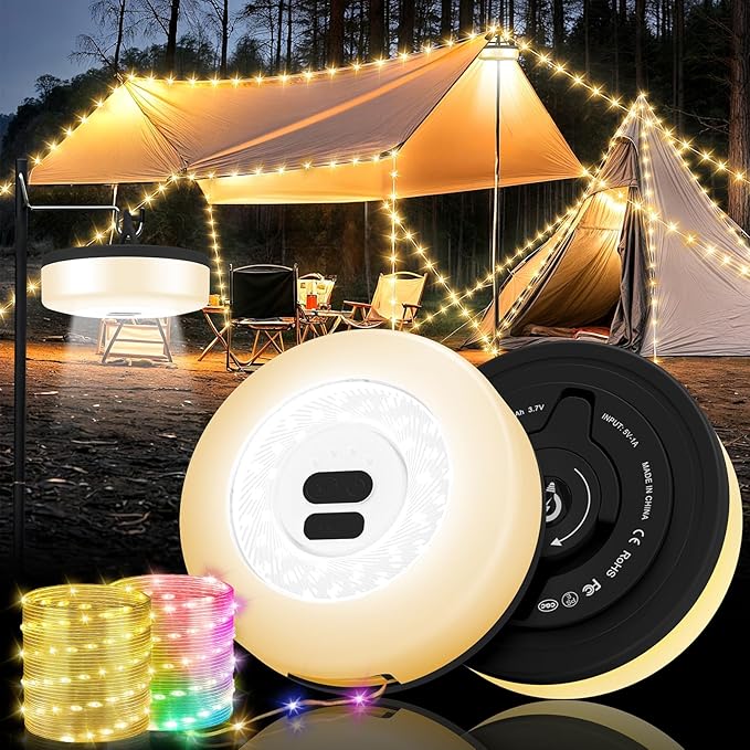 Camping String Lights, 4 in 1 Quick Storage Camping Essentials Gear 32.8FT Rechargeable Tent Lights with 9 Modes Hanging Waterproof LED Camp Lamp for Camping Hiking Patio Garden Festival-Black