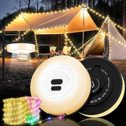 Camping String Lights, 4 in 1 Quick Storage Camping Essentials Gear 32.8FT Rechargeable Tent Lights with 9 Modes Hanging Waterproof LED Camp Lamp for Camping Hiking Patio Garden Festival-Black