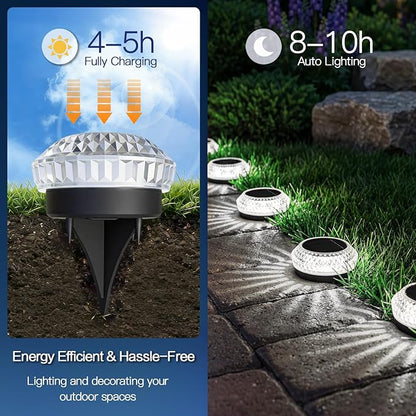 Solar Ground Lights Outdoor, 8 Pack Solar Powered Pathway Lights IP67 Waterproof Anti Glare Diamond Solar Garden Lights Landscape Lighting for Patio Yard Deck Walkway, Cold White