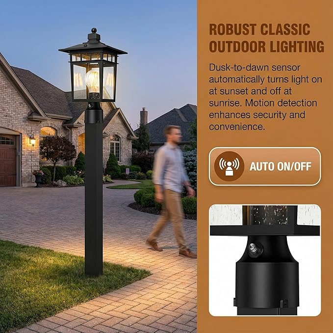 17'' Dusk to Dawn Outdoor Post Lights,Black Lamp Post Light Fixture, Waterproof Aluminum Outside Lamp Posts Light Outdoor Lighting, Pole Lantern for Yard Patio Pathway Garden Deck, E26 Base (1-Pack)