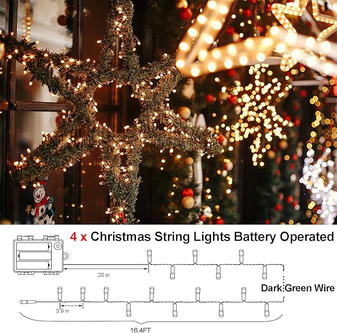 4 Pack- Battery Operated Outdoor Tree String Lights with 50 Warm White LEDs on 16.5ft/5m of Dark Green Cable,Outdoor Battery Xmas Wreath Lights with Timer for Christmas Yard Holiday Decoration