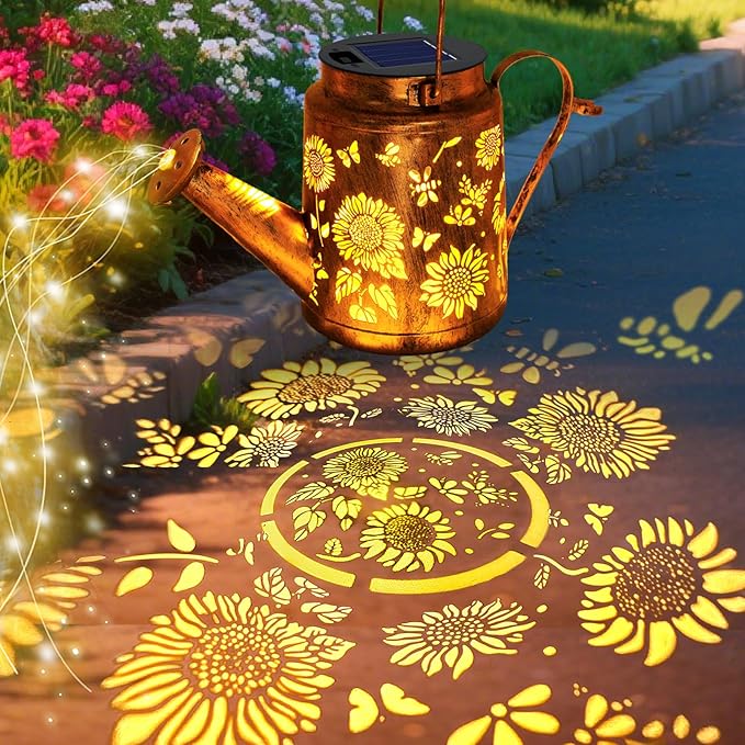 VOOKRY Solar Lights Outdoor Waterproof, Sunflower Metal Solar Watering Can Lights, Birthday Gifts for Women Mom Grandma, Hanging Lantern Decorative Garden Decor Yard Light for Outside Patio Lawn Porch