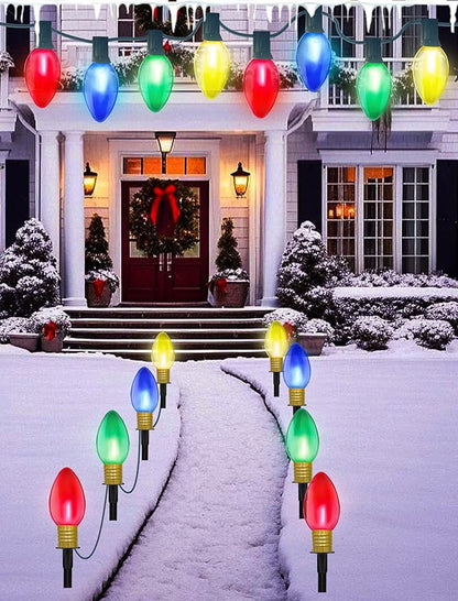 Jumbo C9 Christmas Pathway Lights Outdoor,14FT 8 LED C9 Jumbo Multicolor Christmas Walkway Lights, Connectable Outdoor Decorations Stakes Light for Outside Lawn Yard Garden Sidewalk Driveway