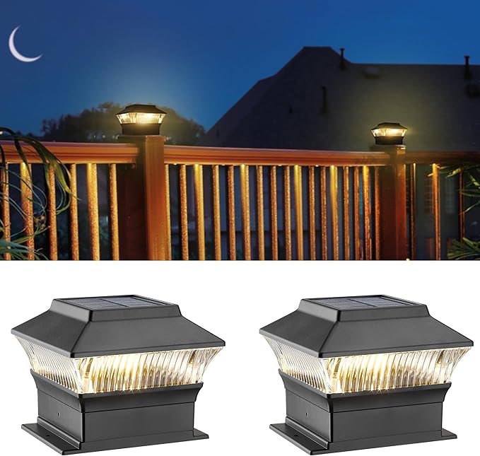 Solar Post Cap Lights, 4x4 4x6 Fence Post Light Solar Powered, 25 Lumens Deck Post Light Outdoor, 3000K Warm Light, IP65 Waterproof, Black - 2 Pack