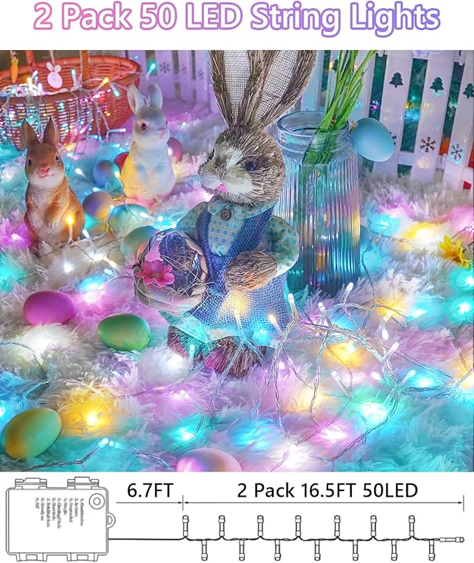 Easter Lights Battery Operated Twinkle Lights, 2 Pack 33FT 100LED Multicolor easter String Lights, 8 Modes Waterproof Pastel Light Indoor Outdoor, Fairy Lights for Room Garden Party Easter Decorations
