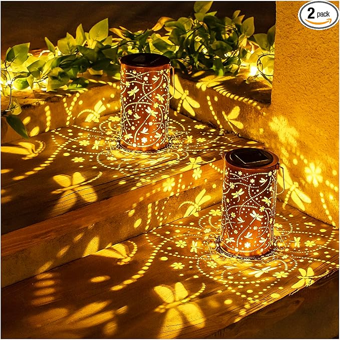 2-Pack Decorative Dragonfly Solar Lanterns for Yard, Waterproof LED