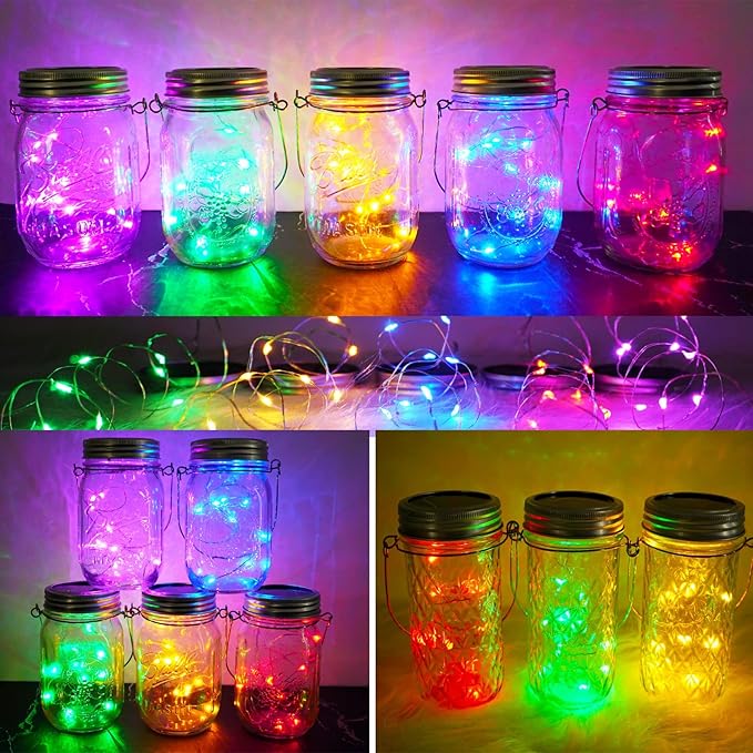 SmilingTown Solar Mason Jar Lights 10 Pack 20 LED Waterproof Outdoor Fairy String Light Insert Lids with Hangers for Patio Lawn Garden Wedding Decor No Jars (Red, Blue, Green, Purple,Yellow)