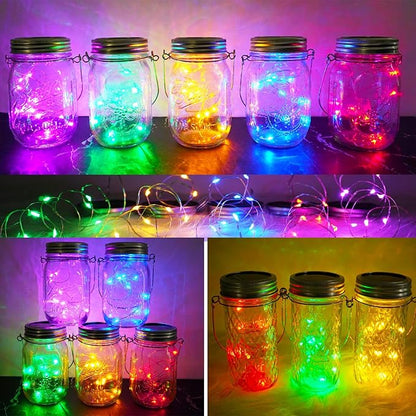SmilingTown Solar Mason Jar Lights 10 Pack 20 LED Waterproof Outdoor Fairy String Light Insert Lids with Hangers for Patio Lawn Garden Wedding Decor No Jars (Red, Blue, Green, Purple,Yellow)