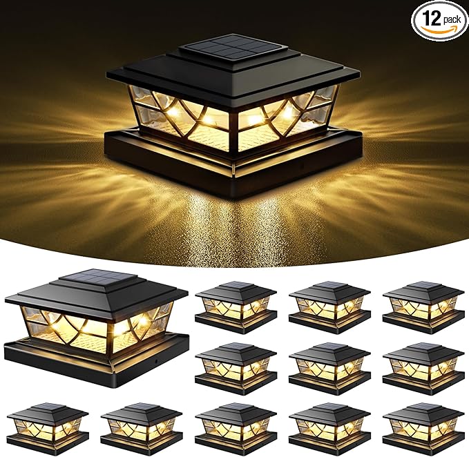 12-Pack Solar Post Cap Lights, 2-Mode Black Waterproof