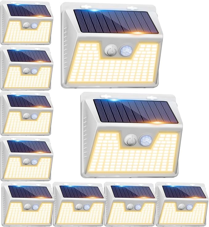 Peasur Solar Outdoor Lights [10 Pack/140LED], 3000K Warm Light Motion Sensor Outdoor Powered Security Lights 3 Working Modes Waterproof for Outside Garden Yard, White Frame