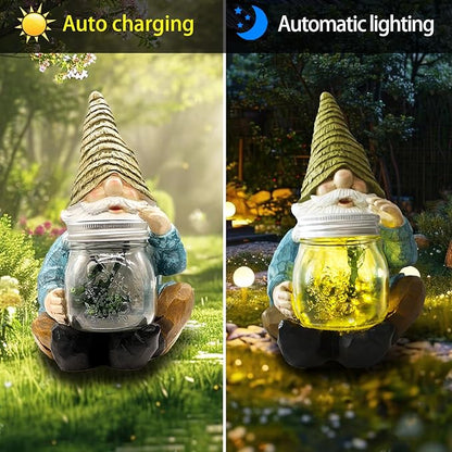 Solar Firefly Jar Gnome Waterproof - Large Garden Gnome Funny Solar Outdoor LED Lights Resin Statues 10.6" Lantern Figurines Decorations Birthday Housewarming Gifts for Mom Women