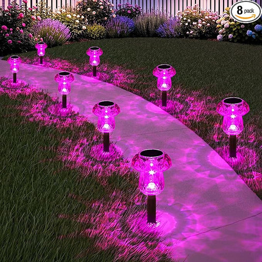 Solar Pathway Lights Outdoor 8 Pack Mushroom Garden Lights Waterproof Solar Powered Yard Lighting for Landscape, Driveway, Path, Walkway, Patio, Outside Garden Decorations, Pink Purple