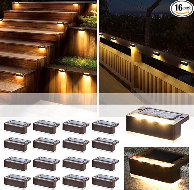 16-Pack Solar Patio Step Lights, Warm White Waterproof