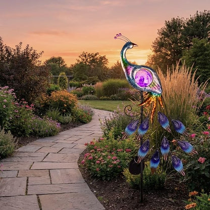 TERESA'S COLLECTIONS Solar Garden Lights Outdoor Garden Decor, Metal Peacock Decorations for Yard, 33'' Purple Decorative Garden Stake for Outside with Crackle Glass Ball, Lawn Party Gifts for Mom