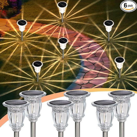 Solar Pathway Lights Outdoor 6 Pcs, Warm White Incandescent Solar Garden Lights, 17.5" Waterproof & Solar Powered Outdoor Lights, Glass and Stainless Steel Tungsten Walkway Light, Driveway Lawns
