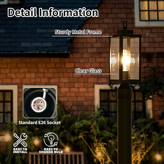 Outdoor Post Light Anti-Rust Lamp Post Lights Fixture Waterproof Exterior Lighting Lamp Post Outdoor Pole Light for Yard Pathway Driveway Fence - 2 Pack