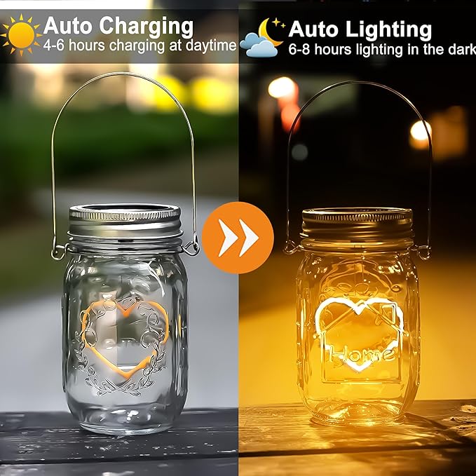 Halloween Christmas Projector Lights, Hanging Solar Mason Jar Lights, 4 Pack Heart Shape Lights, Solar Lanterns Outdoor Waterproof, Hangers and Jars Included,Home Patio Party Garden Patio Decor