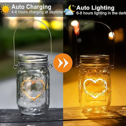 Halloween Christmas Projector Lights, Hanging Solar Mason Jar Lights, 4 Pack Heart Shape Lights, Solar Lanterns Outdoor Waterproof, Hangers and Jars Included,Home Patio Party Garden Patio Decor