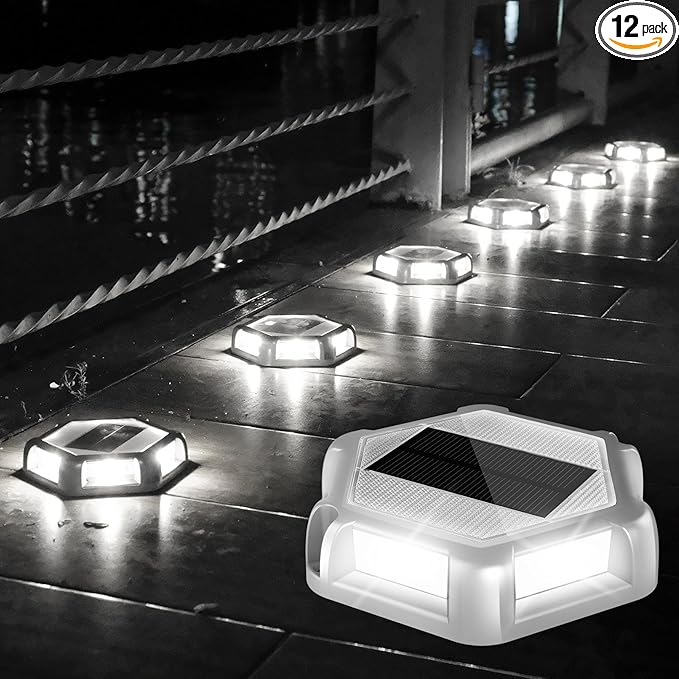 Solar Dock Lights Driveway Deck Lights - 12 Packs Waterproof Outdoor LED Aluminum Dock Lighting Warning Step Light for Driveway Sidewalk Garden Pathway Yard (White)