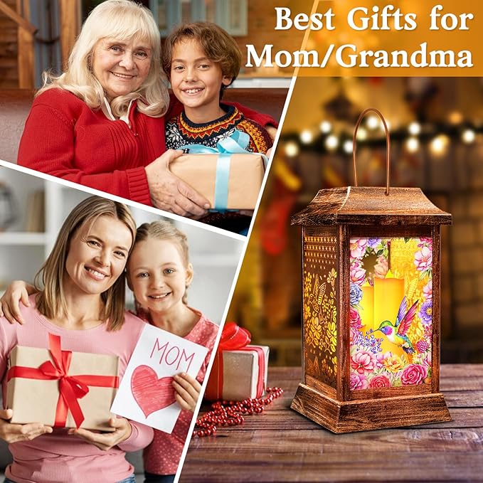 Hummingbird Solar Lanterns Outdoor Waterproof, Metal & Glass Hanging Lights Garden Decor, Birthday Gifts for Christmas Women Mom Mothers Day, Decorative Lights for Outside Yard Patio Backyard Porch