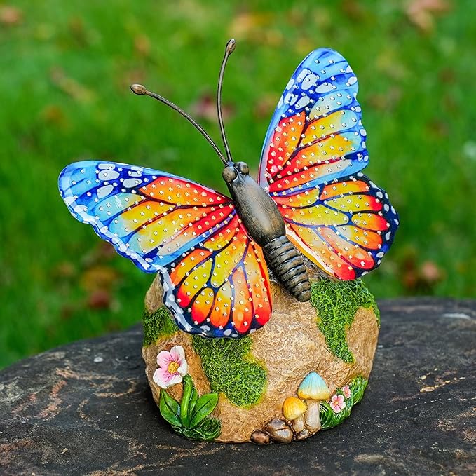 Solar Butterfly Garden Statue Weatherproof Outdoor Hand-Painted Decor Butterfly Resin Figurine Orange