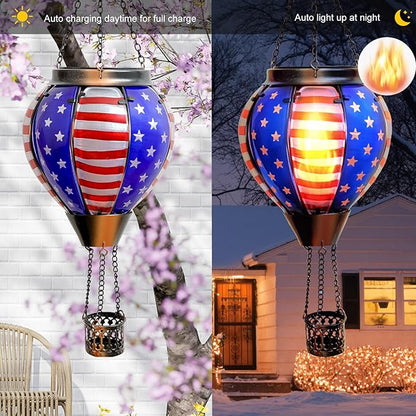 Larekook Solar Hot Air Balloon - Solar Lanterns Outdoor Hanging Waterproof for Garden Yard Patio Farmhouse Decoration，Stained Glass Flag