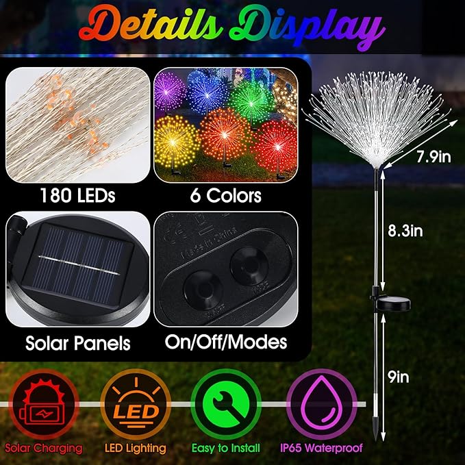 6 Pcs Easter Day Solar Firework Stake Lights 180 LED 8 Modes Solar Waterproof LED Sparkler Lights Outdoor Decoration for Christmas in July, Garden Patio Yard Pathway Walkway Lawn (Multicolor)