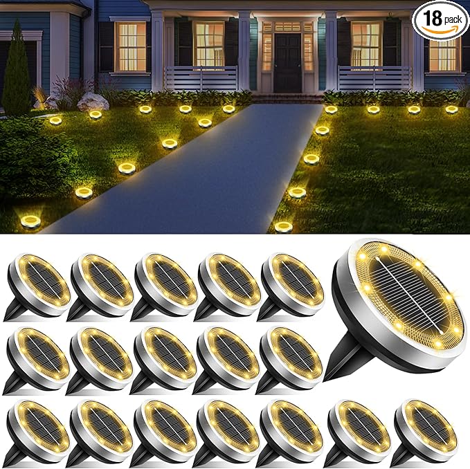 18-Pack Solar Ground Disk Lights, Warm White Waterproof LED