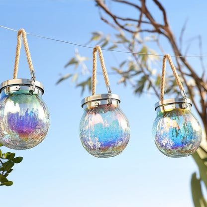 Cooo Gift for her him 2 Pack Solar Lanterns Waterproof Outdoor Iridescent Heavy Crackle Glass a Big LED Stainless Steel Lid 215% Solar for Women Mom Grandma Outdoor Table Lamps Garden Backyard Decor