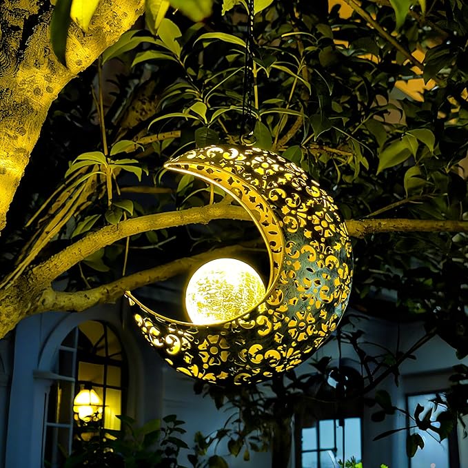 Solar Garden Hanging Moon Lights Outdoor Decor,Metal Lanterns Art Decorations for Outside Yard Lawn Patio Wall Fences Driveway Trail,Unique Housewarming Gardening Gifts for Women Mom