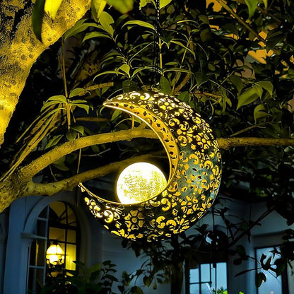 Solar Garden Hanging Moon Lights Outdoor Decor,Metal Lanterns Art Decorations for Outside Yard Lawn Patio Wall Fences Driveway Trail,Unique Housewarming Gardening Gifts for Women Mom