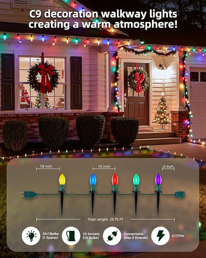2-Pack C9 Christmas Lights Outdoor, 51.4ft 40 Bulb Pathway Lights with Stakes, Multicolor