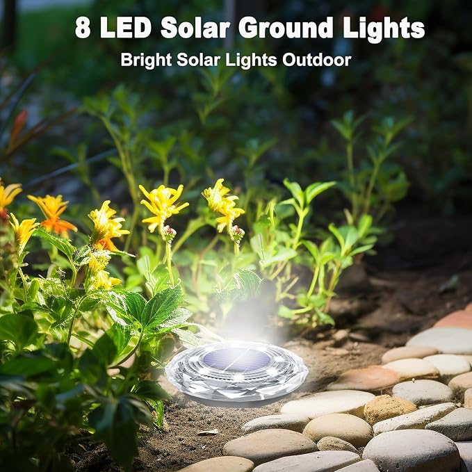Solar Ground Light Outdoor 8 Pack Mini Solar Grounf Lights Waterproof Landscape Lighting Solar Powered Pathway Lights LED Disk Light for Patio Lawn Driveway Yard Decor, Cool White