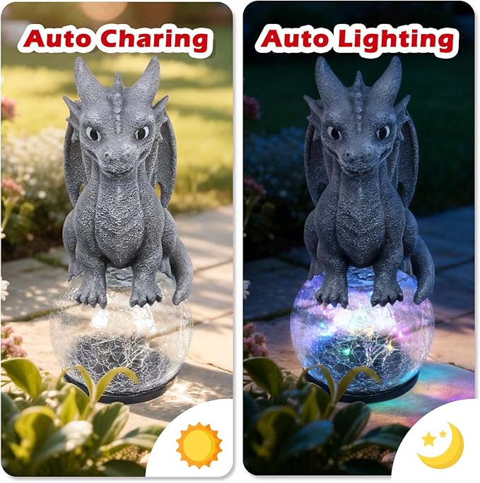 Dragon Garden Statue with Solar Crackle Glass Ball - Gothic Outdoor Decor for Patio & Yard - Mystical Dragon Guardian Figurine, Fantasy Gift for Men & Dragon Lovers