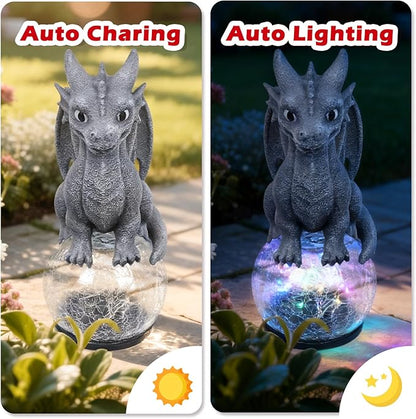Dragon Garden Statue with Solar Crackle Glass Ball - Gothic Outdoor Decor for Patio & Yard - Mystical Dragon Guardian Figurine, Fantasy Gift for Men & Dragon Lovers