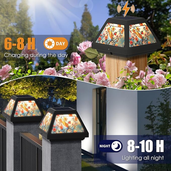 Solar Post Cap Lights - 4x4, 5x5, 6x6 Fence Post Solar Lights, Daffodils Lampshade, 15LM Bright LED, IP65 Waterproof Outdoor Post Lights for Garden, Yard, Deck, Warm White (Bird, 4)