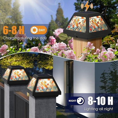Solar Post Cap Lights - 4x4, 5x5, 6x6 Fence Post Solar Lights, Daffodils Lampshade, 15LM Bright LED, IP65 Waterproof Outdoor Post Lights for Garden, Yard, Deck, Warm White (Bird, 4)