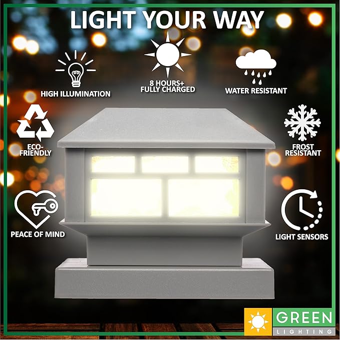 GreenLighting Modern Solar Post Cap Lights Fits 4x4 Wood, 4x4 & 5x5 PCV/Vinyl Outdoor Solar Powered Light, Fence Post, Landscaping, Deck, Garden- Bright LED, Waterproof Gray 8 Pack