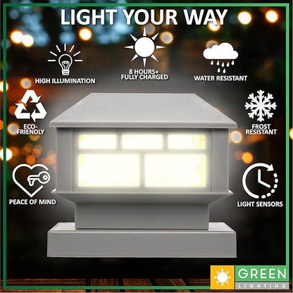 GreenLighting Modern Solar Post Cap Lights Fits 4x4 Wood, 4x4 & 5x5 PCV/Vinyl Outdoor Solar Powered Light, Fence Post, Landscaping, Deck, Garden- Bright LED, Waterproof Gray 8 Pack