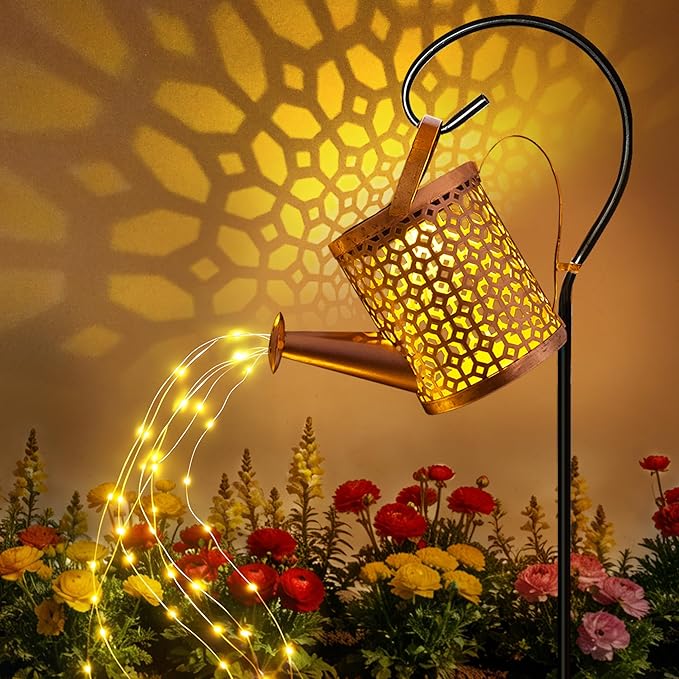 Ollny Solar Watering Can with Cascading Lights Outdoor Garden Decor, Birthday Gifts for Mom Grandma Women, IP65 Waterproof 2 Lighting Modes Hanging Lanterns for Yard Patio Lawn (Beehive)