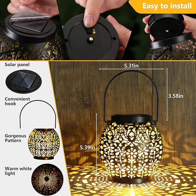 2-Pack Decorative Backyard Solar Lanterns for Patio, Waterproof LED