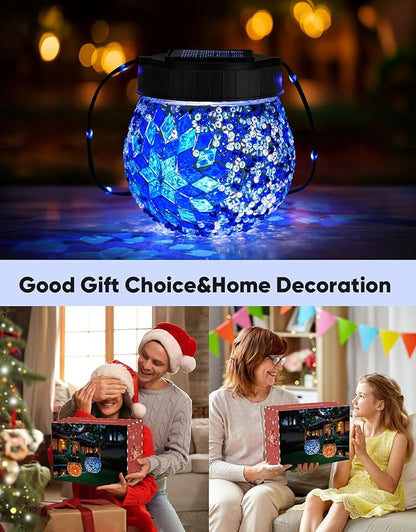 Mosaic Solar Lights Outdoor 2 Pack, Solar Hanging Lanterns Christmas Halloween Gifts for Women Mom Grandma, Waterproof Glass Globe Lights, Garden Patio Decor for Yard, Tree, Balcony, Cold