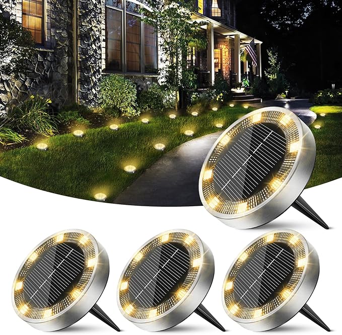 4-Pack Solar Ground Disk Lights, Warm White Waterproof LED