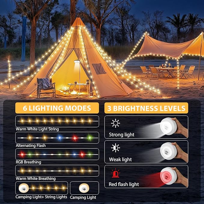 2Pack Camping String Lights, 4 in 1 Quick Storage Camping Essentials Gear 32.8FT Rechargeable Tent Lights with 9 Modes Hanging Waterproof LED Camp Lamp for Camping Hiking Patio Festival (Warm +RGB)